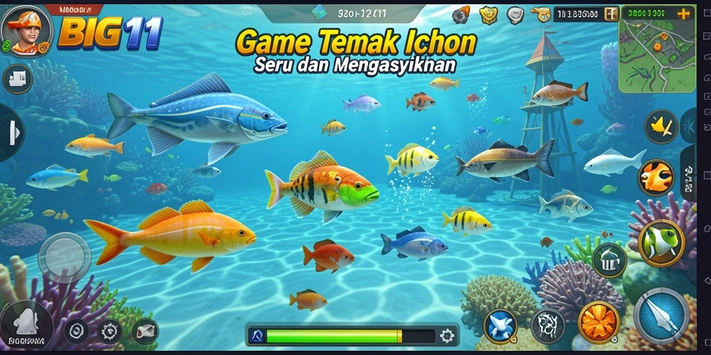 Screenshot dari gameplay BIG11 yang menampilkan keseruan menangkap ikan.