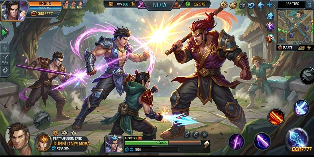 Gameplay seru GGR7777 dengan tim bertarung di arena MOBA.