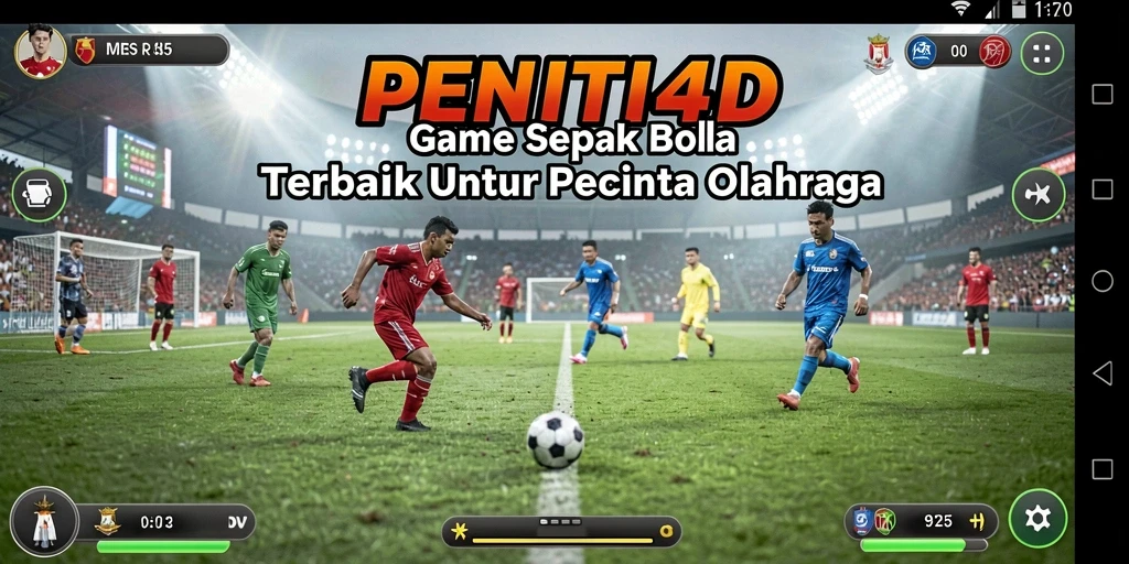 Screenshot gameplay PENITI4D menampilkan aksi seru di lapangan sepak bola.